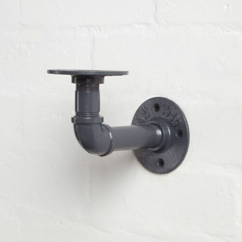 powder coated grey curved elbow pipe shelf brackets close up