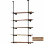 Wall and ceiling mounted industrial pipe shelving unit with reclaimed wood shelves