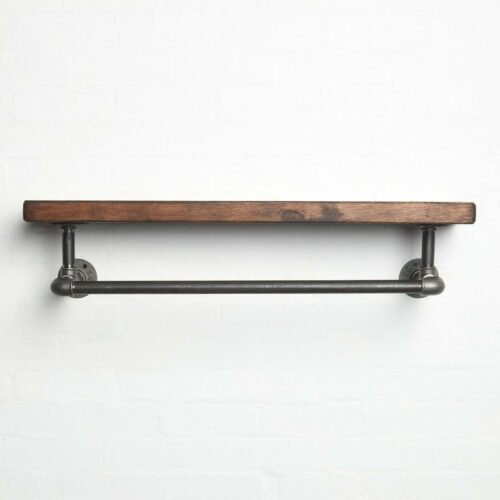 raw steel industrial pipe shelf with elbows, hanging rail and dark wood reclaimed shelf