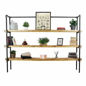 Raw steel industrial pipe shelving unit with reclaimed wooden shelves freestanding