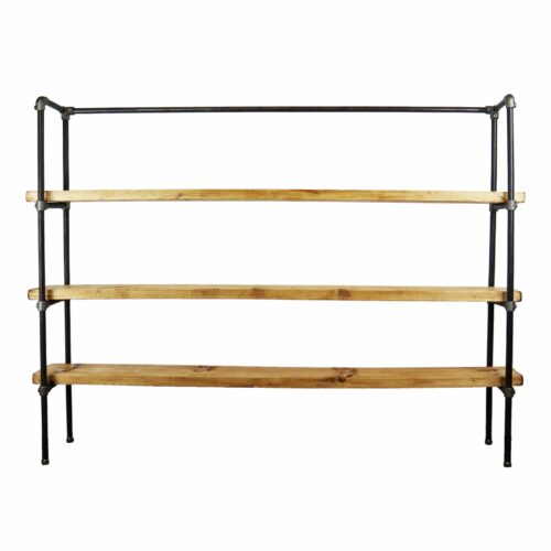 Raw steel industrial pipe shelving unit with reclaimed wooden shelves freestanding