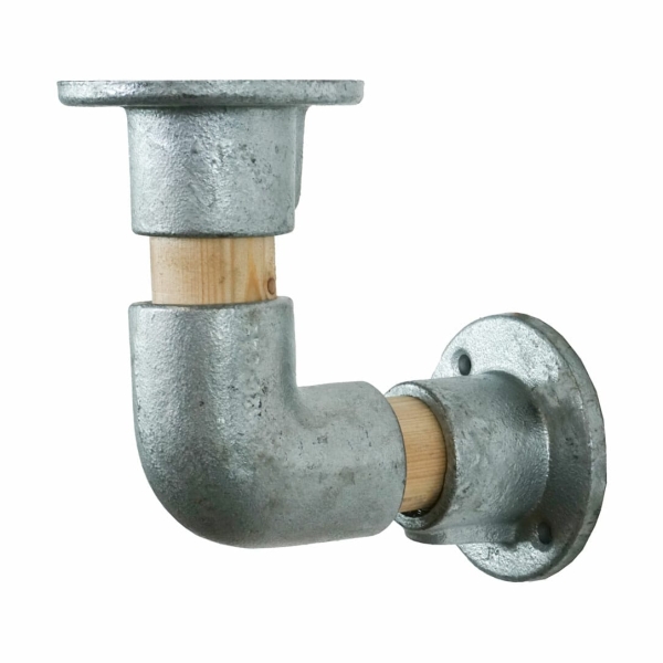 Industrial steel pipe fittings with wooden support shelf bracket