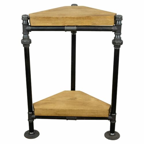black steel industrial pipe corner table with reclaimed wooden shelves