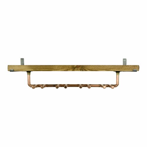 reclaimed wood shelf with copper industrial pipe wine glass holder