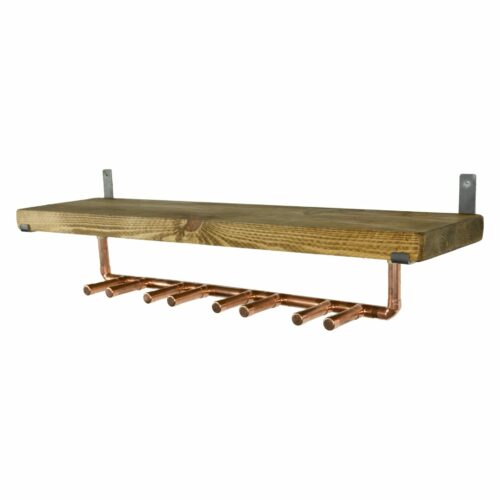 reclaimed wood shelf with copper industrial pipe wine glass holder