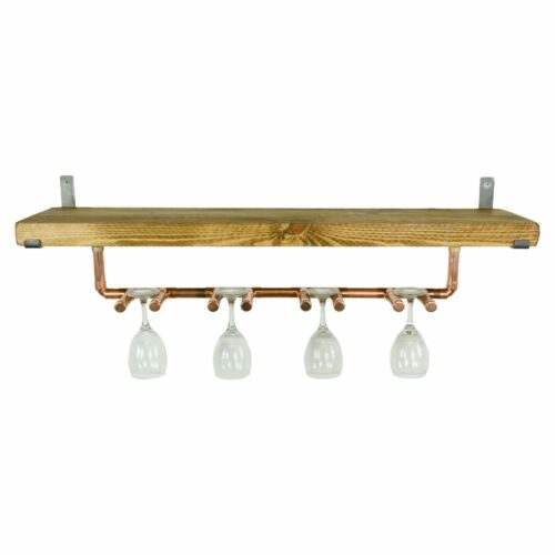 reclaimed wood shelf with copper industrial pipe wine glass holder