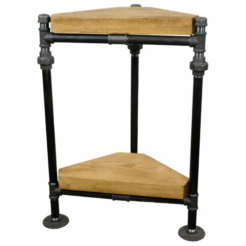 black steel industrial pipe corner table with reclaimed wooden shelves