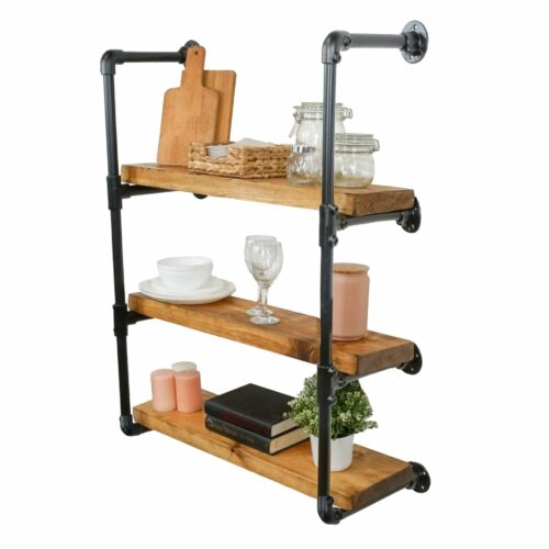 wall mounted industrial pipe steel shelves reclaimed wood