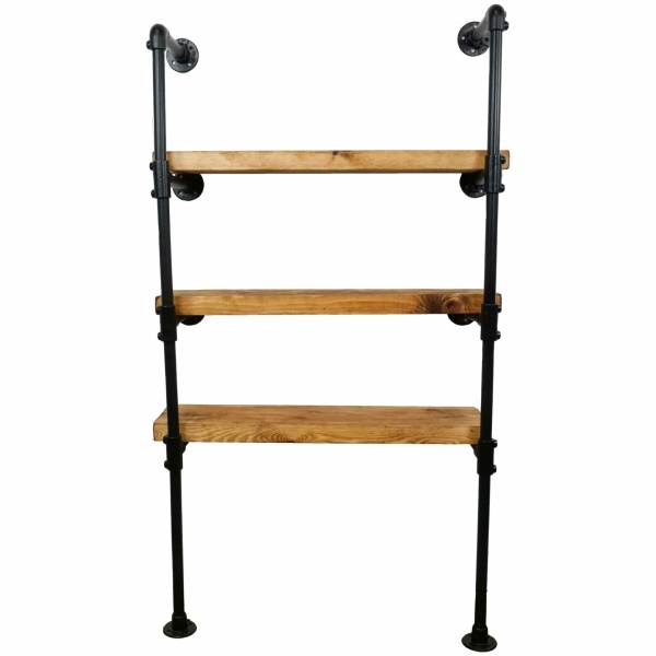 industrial pipe wall and floor mounted shelving unit reclaimed timber