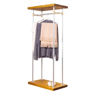 Wooden-Surround-Clothes-Rail-Industrial-Silver-and-Brass-Pipe-Style-WB