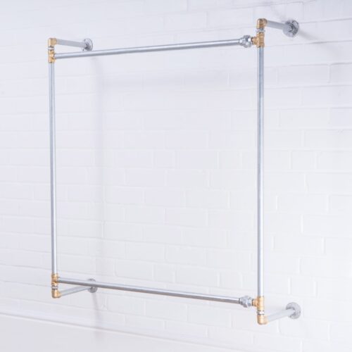 Wall- Mounted-Square-Two-Tiered-Clothing-Rail-Industrial-Silver-and-Brass-Pipe-Style-4