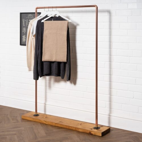 Free-Standing-Clothing-Rail-on-Wooden-Base-Industrial-Copper-Pipe-Style-2