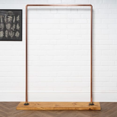 Free-Standing-Clothing-Rail-on-Wooden-Base-Industrial-Copper-Pipe-Style-3