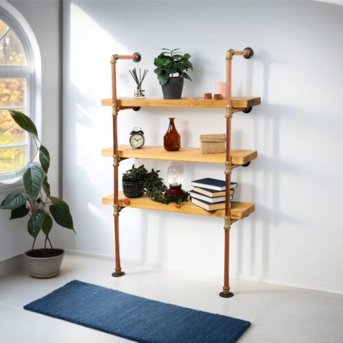 Floor-Mounted-Shelving-Unit-With-Reclaimed-Wooden-Shelves-Thick-Copper-Pipe-and-Brass-Style-5