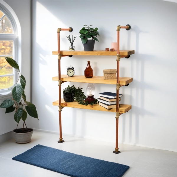 Floor-Mounted-Shelving-Unit-With-Reclaimed-Wooden-Shelves-Thick-Copper-Pipe-and-Brass-Style-5