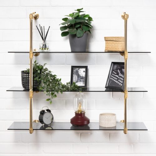 Wall-Mounted-Shelving-Unit -Industrial-Brass-Pipe-with-Tinted-Glass-Shelving-2